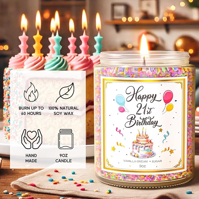 21st Birthday Candles Gifts for Women- 9 oz Happy Birthday Candle with Vanilla Birthday Cake Scent, Gifts for Women & Men, Friendship Ideas-CasaMuseHome