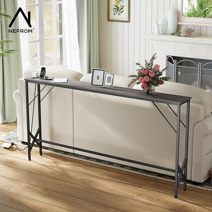 63'' Console Table, Skinny Entryway Table with Fast-Charging Station, Narrow Long Sofa Table, Behind Slim Couch Table for Entrance, Hallway, Living Room Decor ST-GY160-1-CasaMuseHome