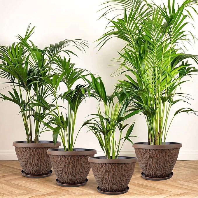 4 Pack 10 Inch Plant Pot, Flower Pots Outdoor with Drainage Hole & Tray, Thickened Plastic Planters for Indoor Outdoor Plants, Lightweight Modern Decorative Garden Pot with Saucer-CasaMuseHome
