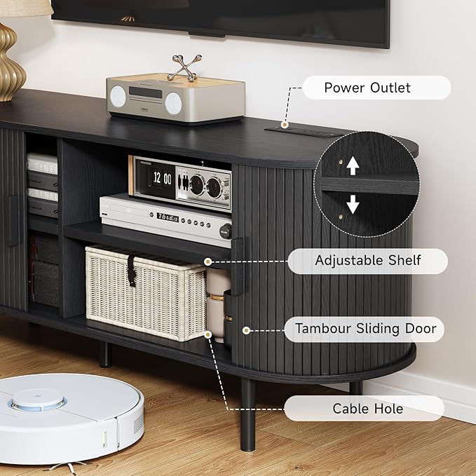 55" TV Stand with Power Outlet, Modern Media Console with Sliding Doors, Entertainment Center for TVs up to 60 Inch, Adjustable Shelves, Black-CasaMuseHome