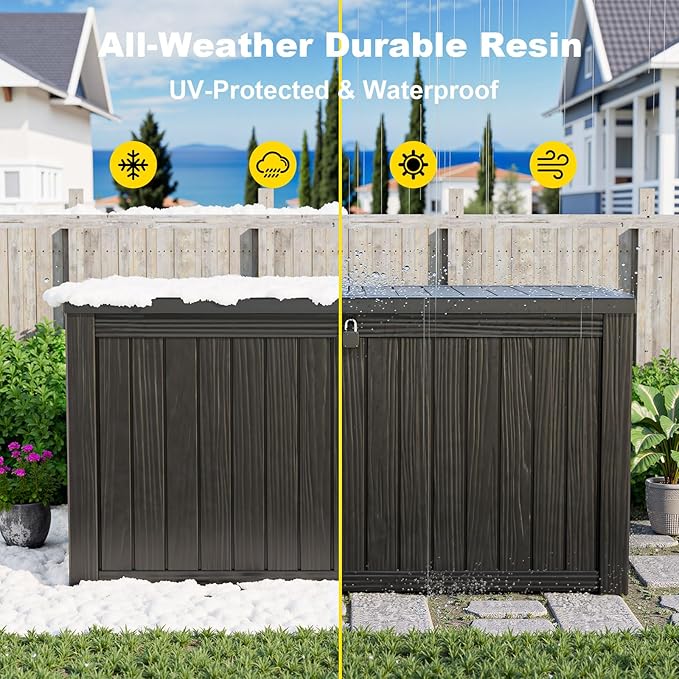 150 Gallon Outdoor Deck Box,Storage Lockable Waterproof Patio Furniture,Garden Tools,Cushions,Pool Accessories Outside Storage Resin Box(Black)-CasaMuseHome