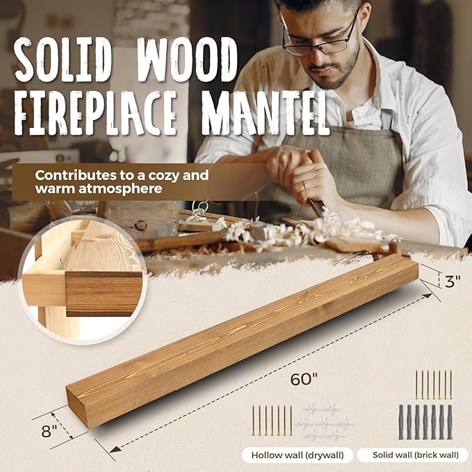 60x8x3 Fireplace Mantel - Handcrafted Hollow Rustic Solid Wood Wall Mounted Floating Shelf with Invisible Heavy Duty Wood Bracket (Natural Wood)-CasaMuseHome