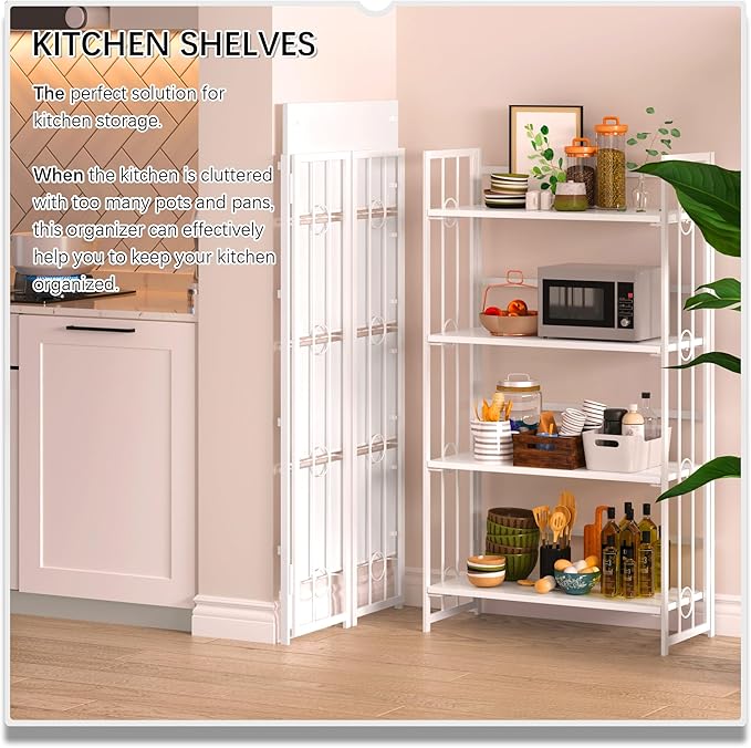 4NM No Assembly 4 Tiers Folding Bookshelf, 47.2" H Foldable Storage Shelves Vintage Bookcase Standing Racks Study Organizer Home Office - All White-CasaMuseHome