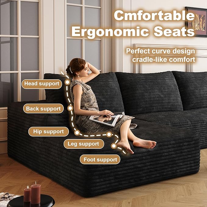 136" Sectional Couches for Living Room Modern Modular Sofa with L-Shape Couchs Upholstered Boneless Couch Deep Seat Sectional Couch with Chaise (Black, Left Facing Chaise+3Seaters)-CasaMuseHome