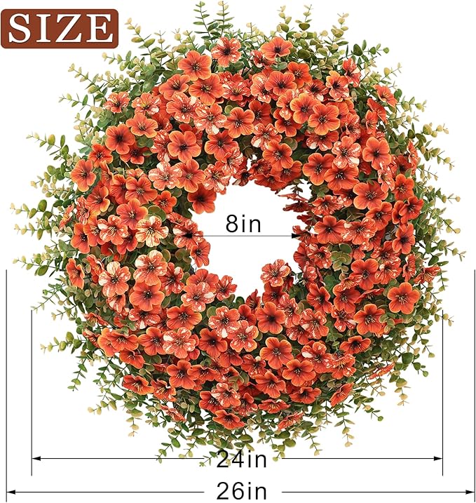 26" Fall Wreath for Front Door, Porch, Window - Large Artificial Boxwood Leaves with Fake Daisy Flowers Outdoor Wreath Faux Eucalyptus for Home Farmhouse Harvest Festival Thanksgiving Day Autumn Decor-CasaMuseHome