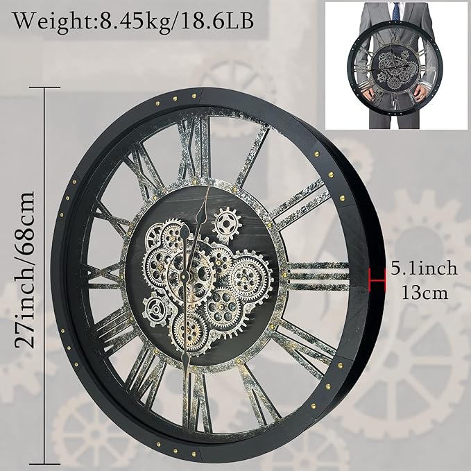 27 Inch Moving Gear Wall Clock, Oversized Wall Clocks, Clock Living Room Decor, Solid Wood Frame, Battery Operated, Large Wall Clock with Steampunk Industrial for Fireplace(Black)-CasaMuseHome