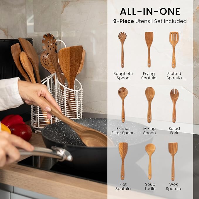 360° Rotating Kitchen Utensil Holder- 3 Compartment Organizer with Cork Bottom | Includes Premium 9-Piece Acacia Wood Utensil Set | Professional Luxury Design | Metal Utensil Crock (Matte white)-CasaMuseHome
