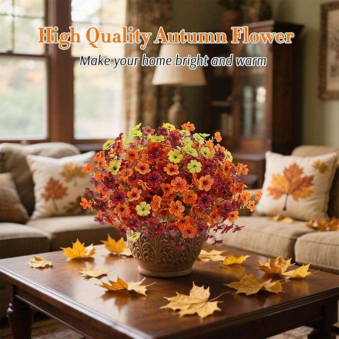 12 Bundles Artificial Fall Flowers Faux Mums for Outdoor Indoor, Artificial Plants Daisy Faux Plants Fake Mums for Fall Decor Pots Patio Garden Porch Autumn (Orange，Brown，Yellow) (12)-CasaMuseHome