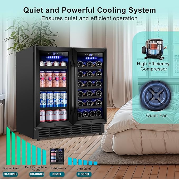 30'' Wine and Beverage Refrigerator, Upgrade Dual Zone Wine Cooler, 30 Inch Wine beverage Fridge Built in or Freestanding Under Counter Large Capacity Glass Door Advanced Cooling System,Black-CasaMuseHome