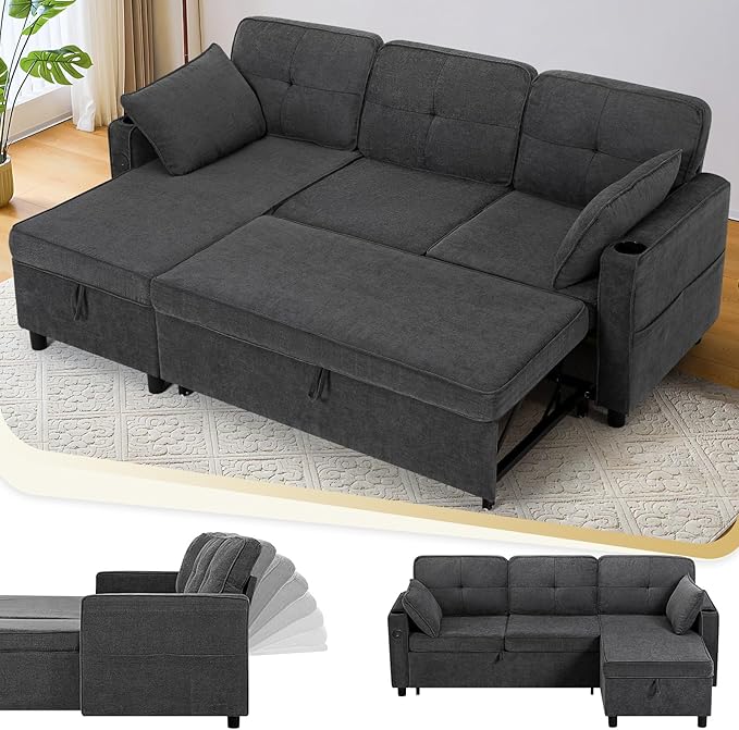 84 Inches Fabric Sectional Sofa w/Pull Out Sofa Bed & Adjustable Back, Tufted L Shaped Couch w/Storage Chaise, Sleeper Sectional Sofa w/USB Port & Cup Holders for Living Room, Grey-CasaMuseHome
