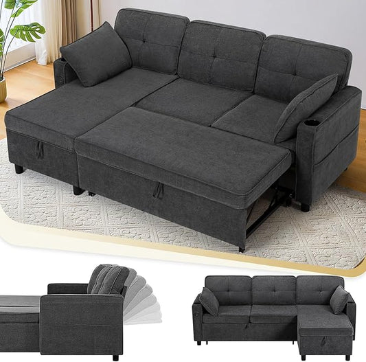 84 Inches Fabric Sectional Sofa w/Pull Out Sofa Bed & Adjustable Back, Tufted L Shaped Couch w/Storage Chaise, Sleeper Sectional Sofa w/USB Port & Cup Holders for Living Room, Grey-CasaMuseHome