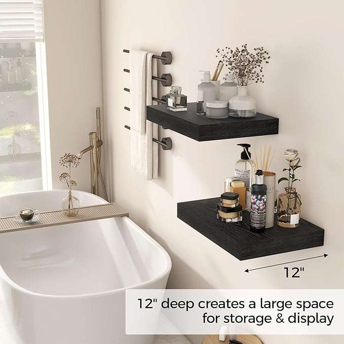 12 Inch Deep Black Floating Shelves, 16 x 12 Floating Shelf for Books, Rustic Wood Deep Wall Shelves for Home Storage & Display, 2" Thicked Shelves for Kitchen, Living Room, Bedroom, 2 Pack-CasaMuseHome