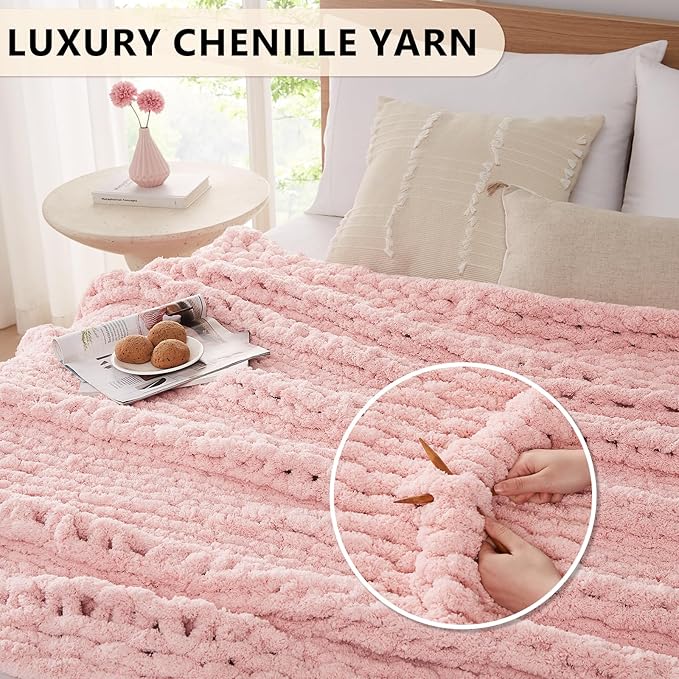 L'AGRATY Chunky Knit Blanket Throw - Soft Chenille Yarn Throw Blanket 40x50： Handmade Thick Cable Knit Crochet Blanke - Large Knit Blanket Chunky Rope Knot Throw Blanket for Couch Sofa Bed Home Decor