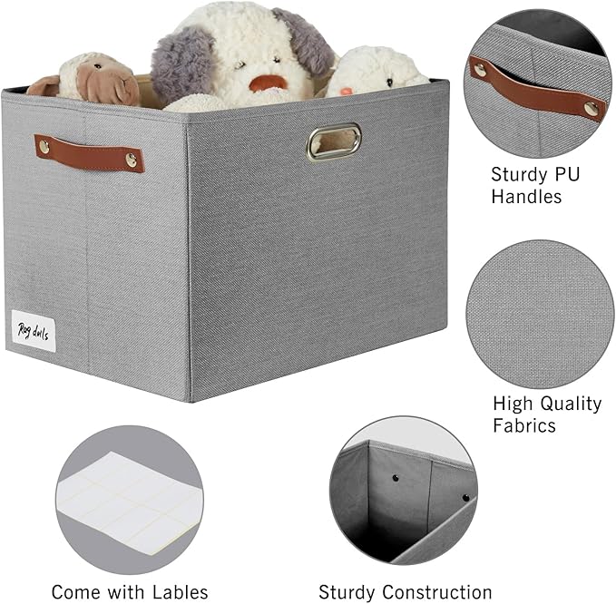 3-Pack Foldable Fabric Storage Bins with Durable PU & Metal Handles, Collapsible Storage Baskets for Shelves, Home Storage, Closet Organizers, Living Room(17"x11.8"x11.8", Grey)-CasaMuseHome