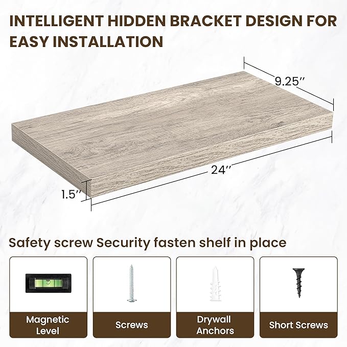 24 Inch Floating Shelves, 3D Textured Wood Grain, 24"x9.25"x1.5" Inch Deep Floating Shelves for Wall, Wooden Shelves for Bathroom, Bedroom, Living Room, Vintage Gray Oak-CasaMuseHome