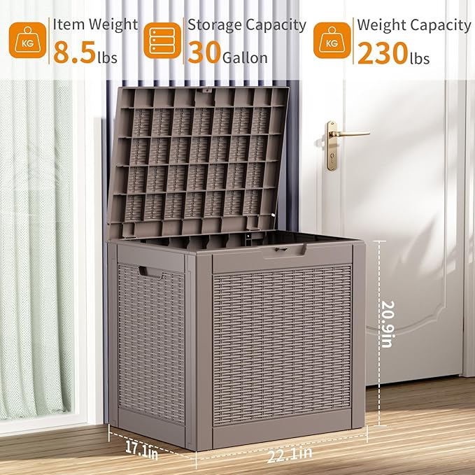30 Gallon Resin Deck Box, Lockable Patio Outdoor Storage Box for Furniture, Garden Tools and Tools Storage, Waterproof Outside Storage Boxes - Grey-CasaMuseHome