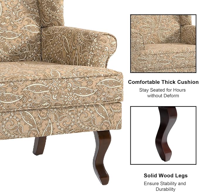 Accent Chair, High Back Upholstered Armchair with High Resilience Sponge & Wood Legs, Mid-Century Modern Comfy Single Sofa Reading Chairs for Living Room, Bedroom (Floral Light Brown, Set of 1)-CasaMuseHome