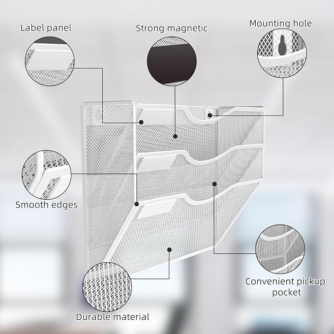 3-Tier Magnetic File Holder, No Drilling Installation File Cabinet Organizer, White Magnetic File Organizer, Magazine Rack, Magnetic Paper Holder for Refrigerator, File Cabinets,White-CasaMuseHome