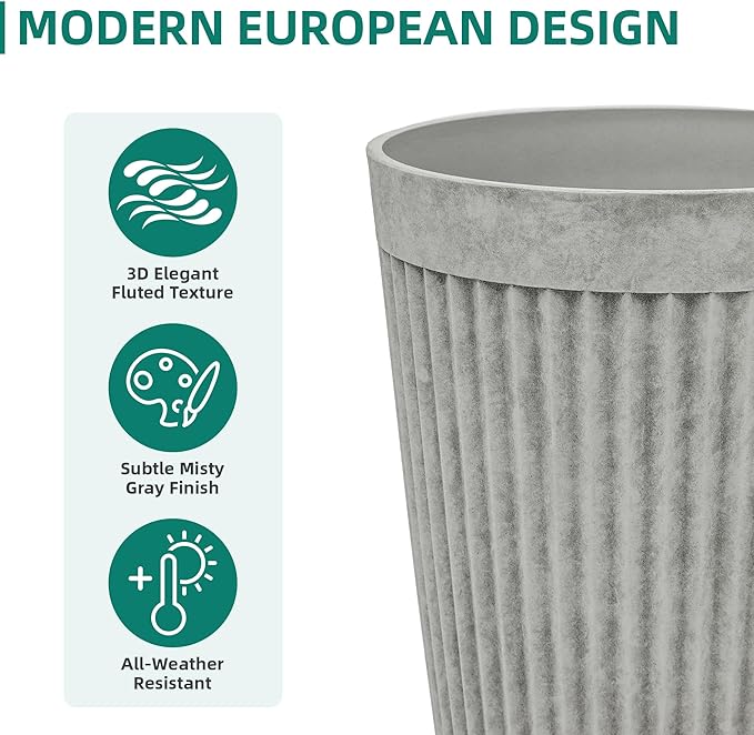 20" Resin Tall Planters for Outdoor Plants, Set of 2 Vintage Gray Large Flower Pots with Handmade Fluted Texture, Heavy-Duty and Weather-Resistant for Year Round Indoor Outdoor use-CasaMuseHome