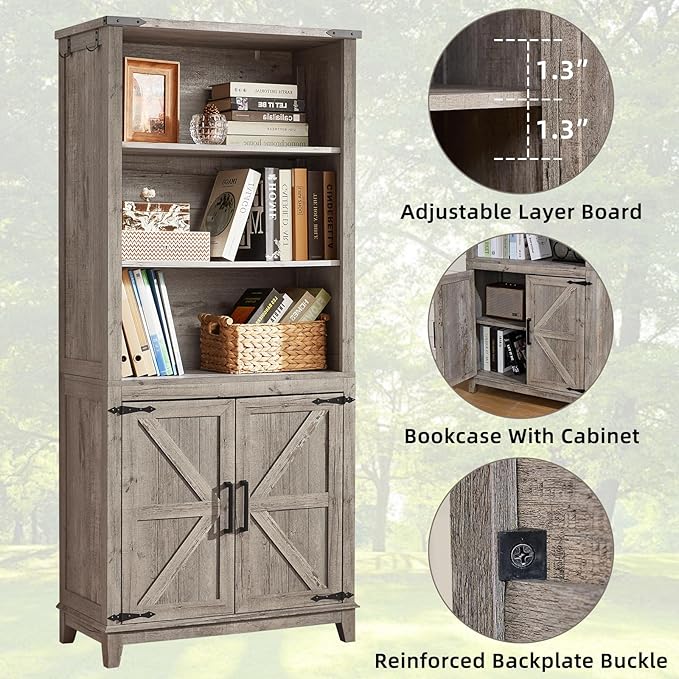 70in Tall Bookshelf 5 Tier Bookcase with Barn Doors and Adjustable Shelves, Grey Farmhouse Book Shelf with Storage Cabinet, Wood Freestanding Display Bookshelves for Bedroom, Kitchen (2PCS)-CasaMuseHome