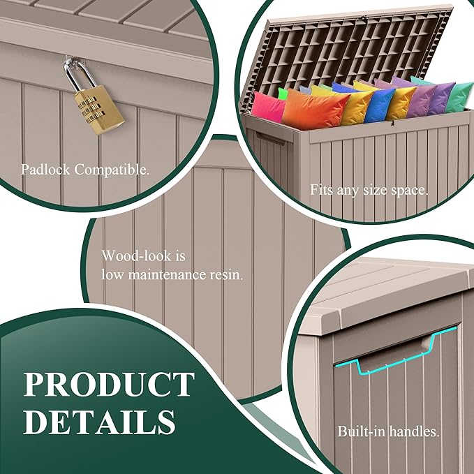 230 Gallon Outside Storage Box, Resin All Weather Storage Cabinet, Large Deck Box for Garden Tools, Patio Furniture, Sports Equipment, Light Brown-CasaMuseHome