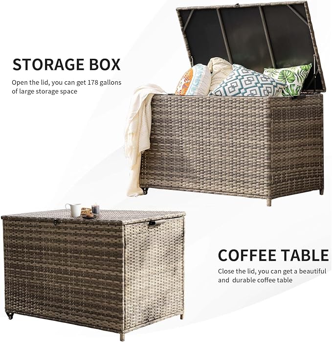 178 Gallon Outdoor Storage Box, Patio Deck Box with 2 Wheels, Handle Large Portable Wicker Rattan Deck Box for Patio Furniture Cushions, Throw Pillows, Garden Tools and Pool Floats (Gray)-CasaMuseHome