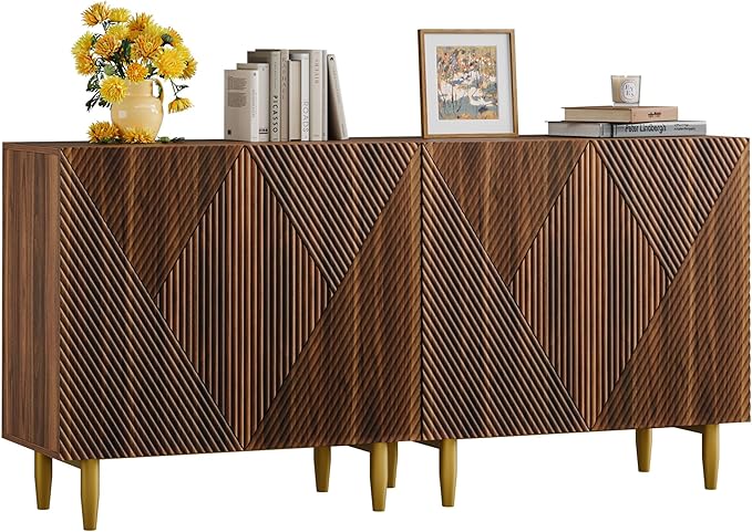 65 Inch Fluted TV Stand, Mid Century Modern Entertainment Center with Storage Cabinets & Adjustable Shelves, Media Console TV Credenza for Living Room, Dining Room, Hallway, Walnut-CasaMuseHome