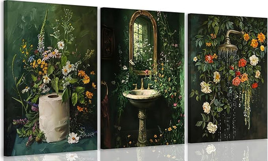 3Pcs Framed Vintage Dark Green Bathroom Wall Art Shower Toilet Paper Roll Floral Poster Print Modern Farmhouse plants Painting Picture Wall Decor For Bathroom Living Room Decoration-CasaMuseHome
