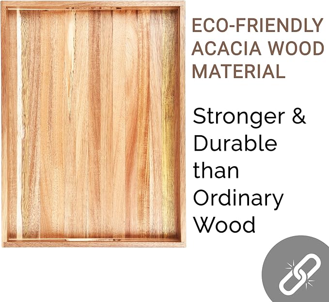 Acacia Wood Serving Tray with Handles Set of 2 – Decorative Serving Trays Platter for Breakfast in Bed, Lunch, Dinner, Patio, Ottoman, Coffee Table, BBQ, Party –Great for Lap &Couch-CasaMuseHome