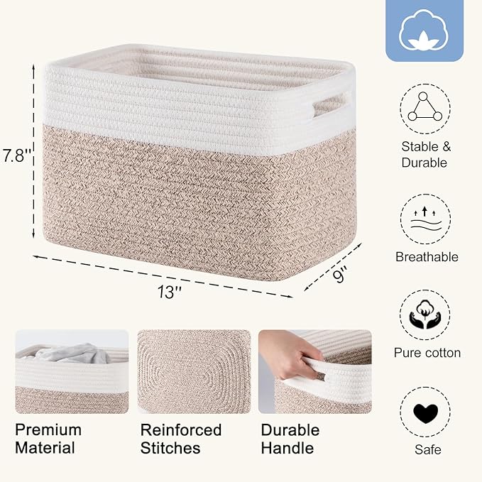 4 Pack Storage Baskets for Organizing, Woven Baskets for Shelves - Perfect for Toys, Books, Towels, and Clothes, Durable Gift Basket Bins Toy Storage, 12.7''Lx9''Wx7.8''H, Brown & White-CasaMuseHome