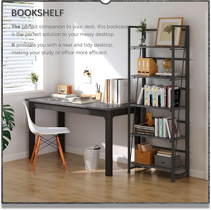4NM No Assembly Foldable Bookshelf, 5-Shelf Collapsible Bookcase Storage for Small Spaces, 62.2" H, Gray and Black-CasaMuseHome