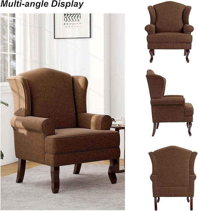 Accent Chair, High Back Upholstered Armchair with High Resilience Sponge & Wood Legs, Mid-Century Modern Comfy Single Sofa Reading Chairs for Living Room, Bedroom (Brown, Set of 1)-CasaMuseHome