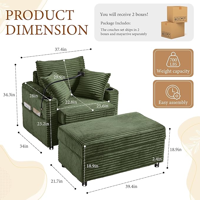 Accent Chair with Storage Ottoman Upholstered Living Room Chairs for Reading Chair with Chaise Lounge Chairs Indoor, Comfortable Armchair for Bedroom-CasaMuseHome