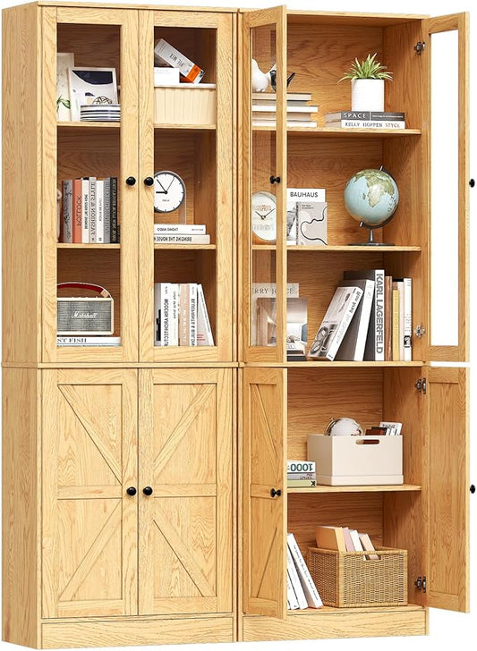 71" Tall Bookcases Set of 2, Bookshelves with Doors, 5-Shelf Bookcase with Storage, Wooden Bookshelf Floor Standing Display Storage Shelves Home Decor Furniture for Living Room,Bedroom,Natural-CasaMuseHome