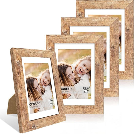 4x6 Picture Frame Set of 4, 4 x 6 Wood Photo Frames with Mat for 3.5x5, Natural Wooden Frame with Real Glass Cover for Wall and Tabletop Display,Brown-CasaMuseHome