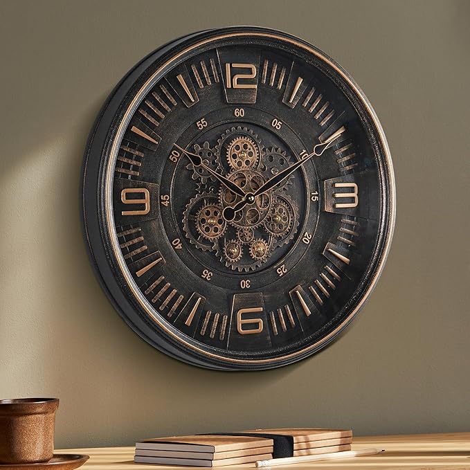 20in Large Real Moving Gears Wall Clock for Living Room, Battery Operated Wall Clocks Decorative Vintage, Home Office Clock, Gift for Family, Friends-CasaMuseHome