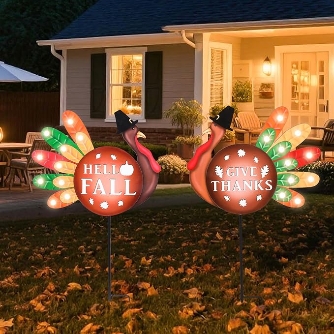 2 PCS Happy Fall Yard Signs Metal Thanksgiving Decorative Garden Stakes with Led Light Turkey Give Thanks Yard Stakes Fall Harvest Lawn Garden Lawn Pathway Decor-CasaMuseHome