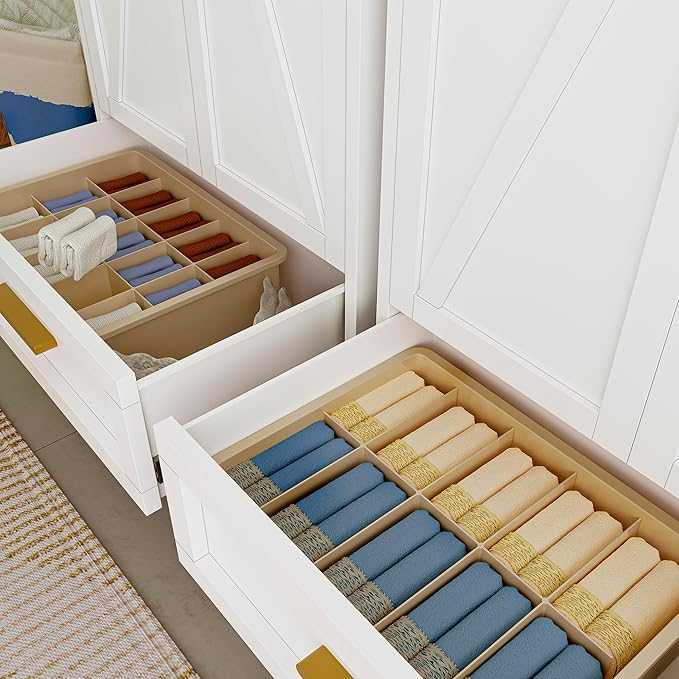 71'' Farmhouse Metal Wardrobe Cabinet with Hanging Rod, 2 Barn Door Wardrobe Closet with Adjustable Shelves,Drawer,for Dining Room,Bedroom,Living Room, Cloak Room,Office (White)-CasaMuseHome