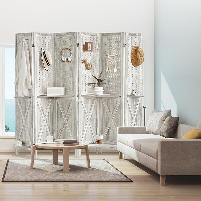 6 Panel Pegboard Display with 24 Hooks, Wooden Pegboard Room Divider Wall with Shelf, Rustic Room Dividers and Folding Privacy Screens, Bedroom, Jewelry Store, White-CasaMuseHome