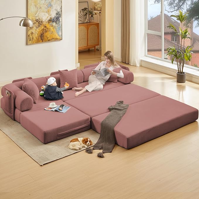 107" Oversized Convertible Sleeper Sofa Bed, Corduroy L Shape Sectional Couch, Folding Sofa Bed with Side Pocket, Modern Cloud Floor Mattress Couch, Modular Sofa for Living Room, Pink-CasaMuseHome
