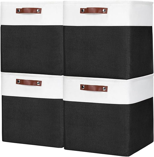 13x13 Cube Storage Bins, Collapsible Fabric Storage Box, 4 Pack Closet Baskets with Handles for Organizing, Shelf, Toys, Clothes, Home, Office, Nursery (Black&White)-CasaMuseHome