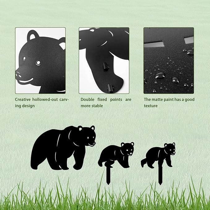 3 Pack Bear Metal Garden Decorative Stakes, Weather Proof Silhouette Statues for Yard, Patio,Outdoor Decor for Bear Lovers and Pet Owners-CasaMuseHome