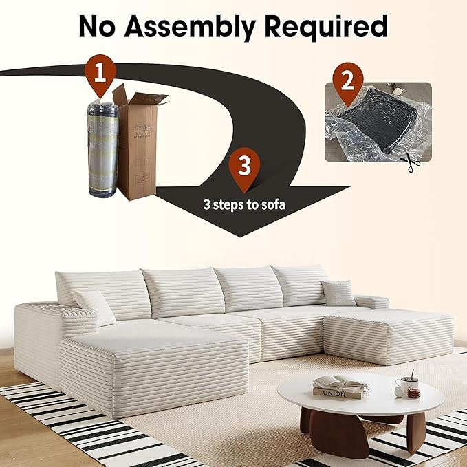 136" Sectional Couches for Living Room Modern Modular Sofa with L-Shape Couchs Upholstered Boneless Couch Deep Seat Sectional Couch with Chaise (White, Left Facing Chaise+3Seaters+Ottoman)-CasaMuseHome