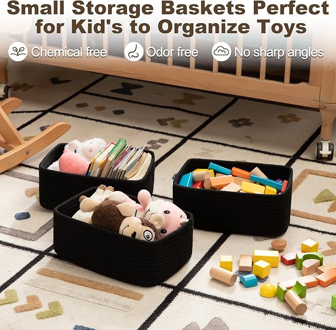 3 Pack Small Storage Baskets for Organizing, Cute Woven Decorative Gift Baskets for Shelves, Mini Closet Organizer Bins with Handles, 11.81''Lx7.87''Wx4.72''H-Black-CasaMuseHome