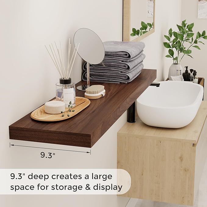 40 Inch Floating Shelvese, 40" W x 9" D Floating Shelf Set of 2, Farmhouse Wood Wall Shelves for Bedroom, Kitchen, Wall Mounted Deep Shelving for Home Decor, Walnut Color-CasaMuseHome