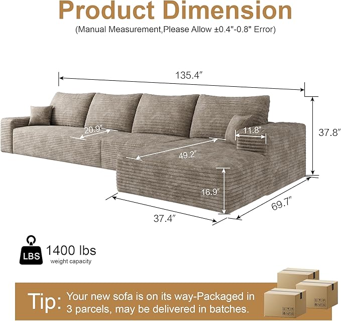 136" Sectional Couches for Living Room Modern Modular Sofa with L-Shape Couchs Upholstered Boneless Couch Deep Seat Sectional Couch with Chaise (Camel, Right Facing Chaise+3Seaters)-CasaMuseHome
