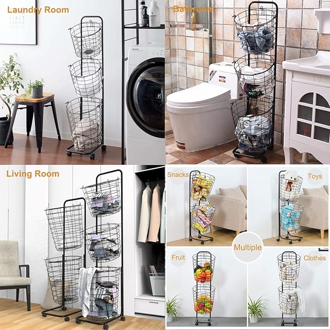 3 Tier Laundry Basket with Rolling Lockable Wheels Wire Metal Sorter Storage Trolley Shelf Basket Durable Metal Sorter Clothes Storage Trolley Shelf with Removable Hamper for Organizing Clothes-CasaMuseHome