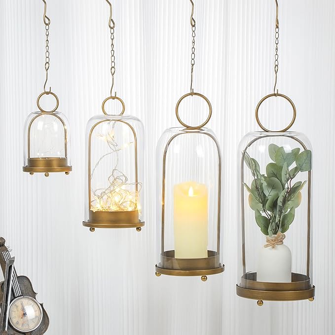 20" High Versatile Modern Metal Hurricane Lantern with Handmade Sturdy Glass Dome for Pillar Candle & Plants (Brass, 7.5"x20")-CasaMuseHome