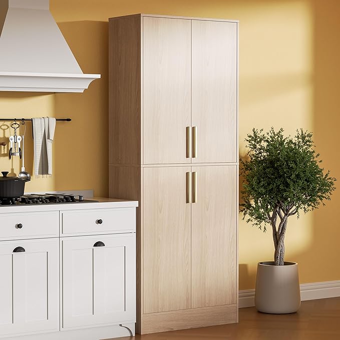 71" Tall Pantry Cabinet with 4 Doors, Kitchen Pantry Storage Cabinet, Freestanding Larder Cupboard, Utility Kitchen Hutch with Gold Handles for Dining Room, Bathroom, Oak-CasaMuseHome