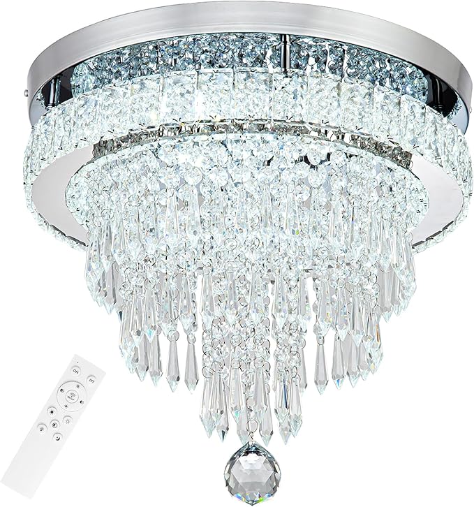 16“ Crystal Chandeliers Round Modern LED Chandelier Light Flush Mount Ceiling Light Fixtures with Remote Control for Bedroom Living Room Dining Room (dimmable)-CasaMuseHome